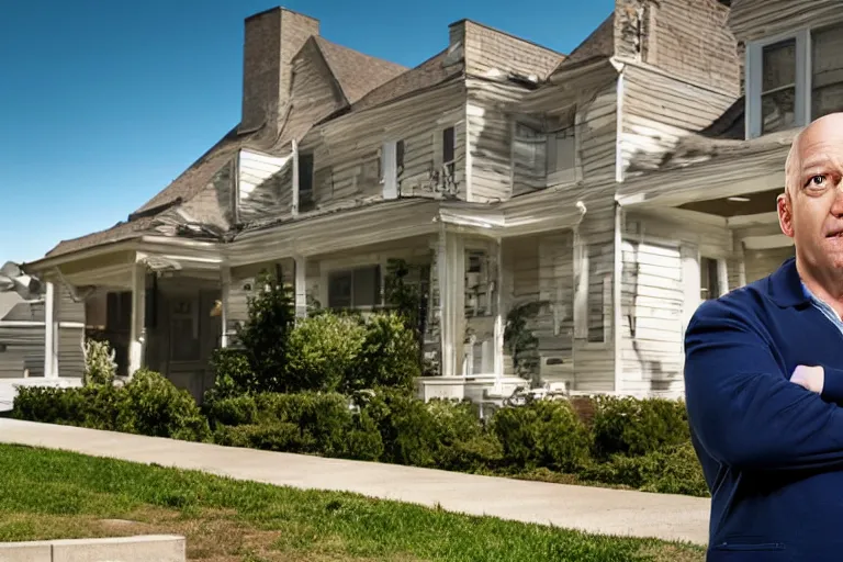 Image similar to movie scene portrait closeup, real life homer simpson in front of house, natural lighting by emmanuel lubezki