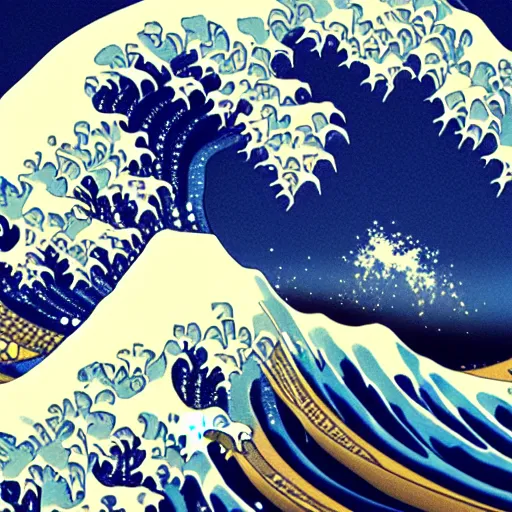 Image similar to great wave off kanagawa 3 d octane render, cg art render, raytracing, subsurface scattering, light refraction, high resolution render