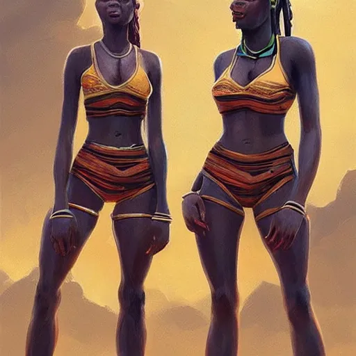 Image similar to beautiful Zulu goddesses holding hands, focused, worried, highly detailed, artstation, concept art, sharp, illustration, art by artgerm and Simon Stålenhag