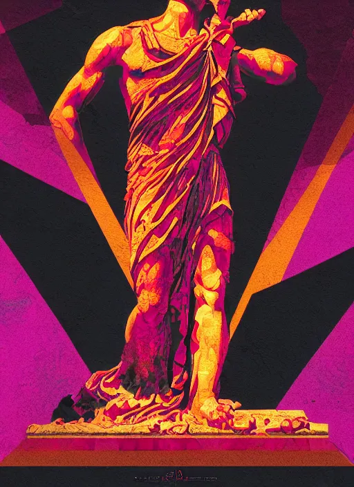 Image similar to black background with very subtle red and purple design elements, statue of david, powerful, nekro, graphic design, collage art, thin lines, dark, glitch art, neo vaporwave, gritty, layout frame, square, trending on artstation