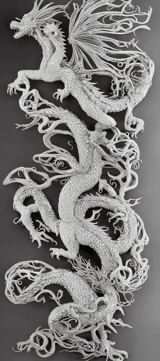 Prompt: a beautiful white dragon twisted around an ancient tree, intricate, maximalist, bright, clear,