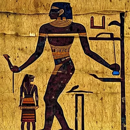 Prompt: Ancient Egypt Art, art of A person using a computer in art style of ancient art, fragmented, a person using a computer!!!!! Ancient Egypt art