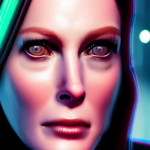 Prompt: julianne moore portrait, cyberpunk 2 0 7 7, cyberpunk judy alvarez, photorealistic, ultra detailed, neon, octane, bokeh, cinematic lighting, cyber, cyberpunk city, studio quality, feature, scars, cyberface, 8 k