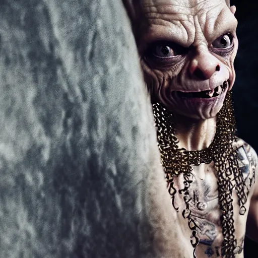 Prompt: gollum couching in a dungeon proudly wearing gold and jewelry and bling, hip hop style, tattoos, lotr, imax, foggy atmosphere, bokeh, professional studio shot, stylized photo, single image
