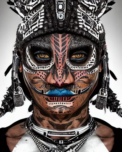 Image similar to editorial photo portrait of aztec jaguar warrior with glowing tribal futuristic tattoos on face, warrior body, photo by mario testino, cinematic, hyper detailed, micro details, insanely detailed, trending on artstation, concept art, insanely detailed and intricate