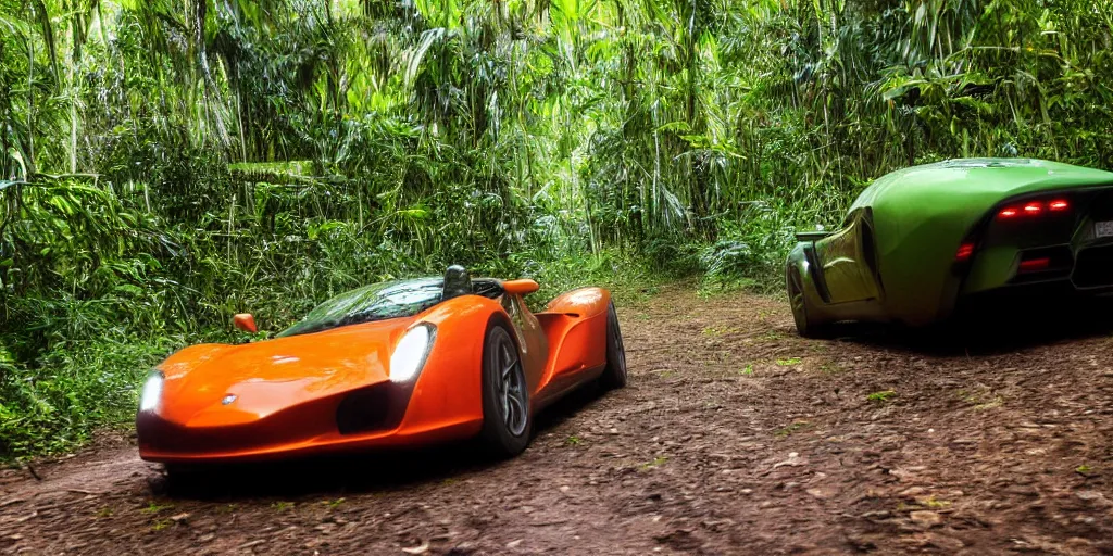 Prompt: a real photograph of a supercar running in the Amazon forest