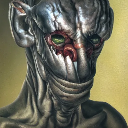 Prompt: oil painting by christian rex van minnen of a portrait of an extremely bizarre disturbing mutated man with proteus syndrome shiny bulbous intense chiaroscuro lighting perfect composition