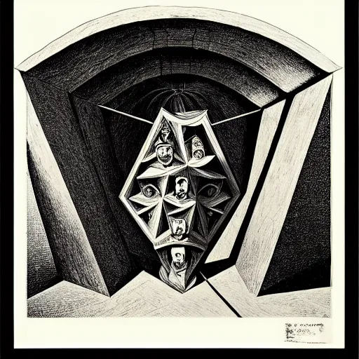 Image similar to lithography on paper secret layer dungeon conceptual figurative post - morden monumental dynamic portrait by goya and escher and hogarth, illusion surreal art, highly conceptual figurative art, intricate detailed illustration, controversial poster art, polish poster art, geometrical drawings, no blur