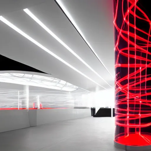 Image similar to zaha hadid design wrapped around by glowing tubes and cables, short black curly hair, glowing red