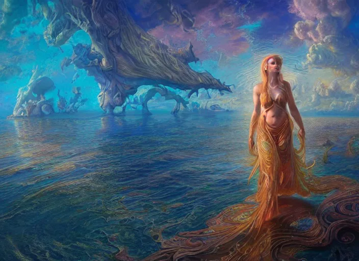 Prompt: beautiful glowing woman walking over the ocean, a giant ark swimming behind her, extremly detailed digital painting, vibrant colors, in the style of donato giancola and tomasz alen kopera and fenghua zhong and peter mohrbacher, mystical colors, rim light, beautiful lighting, 8 k, stunning scene, raytracing, octane, trending on artstation