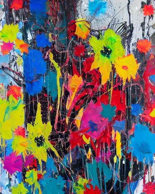 Image similar to abstract expressionist painting, paint drips, acrylic, wildstyle, clear shapes, maximalism, smeared flowers, large triangular shapes