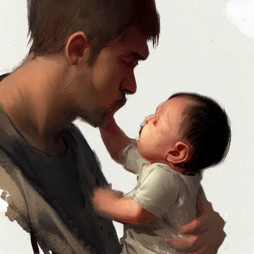 Prompt: a baby kissing his father, Greg Rutkowski, sad color scheme