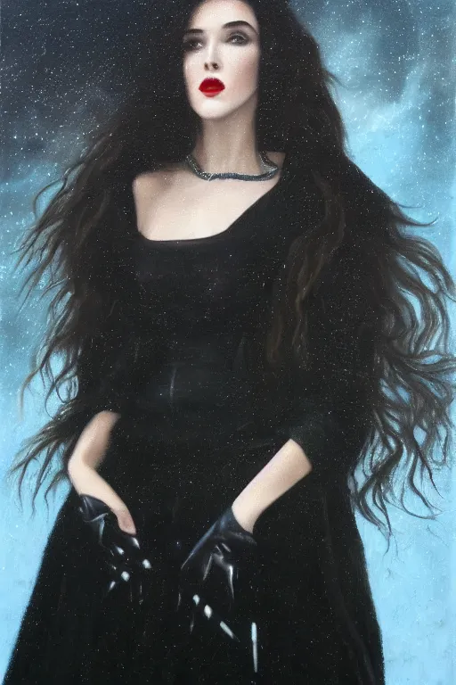 Prompt: hyperrealism oil painting, close - up portrait of isabelle adjani medieval brunette vampire fashion model, knight, steel gradient mixed with nebula sky, in style of baroque