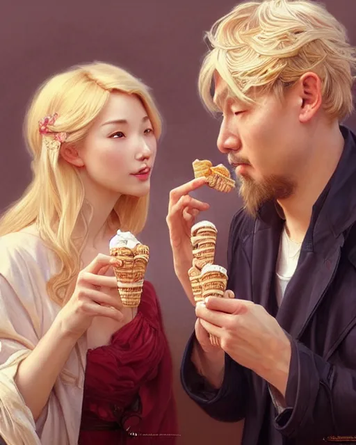 Prompt: Portrait of a  blonde lady and a Chinese man eating ice creams in Porto,real life skin, intricate, elegant, highly detailed, artstation, concept art, smooth, sharp focus, art by artgerm and greg rutkowski and alphonse mucha