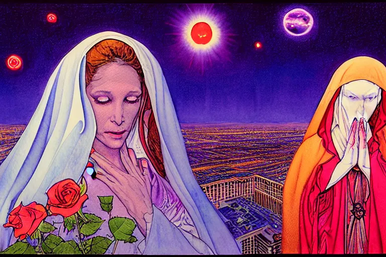 Prompt: a hyperrealist watercolour character concept art portrait of the blessed mother mary at night in las vegas, nevada. there is a ufo. neon roses. psychedelic elements. by rebecca guay, michael kaluta, charles vess and jean moebius giraud