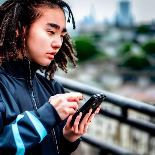 Image similar to candid photographic portrait of a poor techwear mixed young woman using a phone inside a dystopian city, closeup, beautiful garden terraces in the background, sigma 85mm f/1.4, 4k, depth of field, high resolution, 4k, 8k, hd, full color