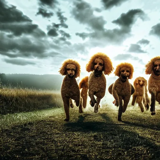 Prompt: poodles running through a field, dramatic cinematic lighting