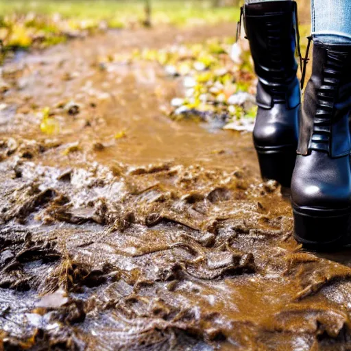 Image similar to a photo of a woman walking trough muddy nature in her shiny black platform boots, wedge heel, very chunky goth style, really muddy, close up of her feet and calves, 8k