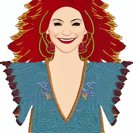 Prompt: Digital embroidery design of a beautiful young woman with red hair, smiling, clothes, Golden thread, golden details, intricate details, intricate patterns 4k, 35mm, f/1.4