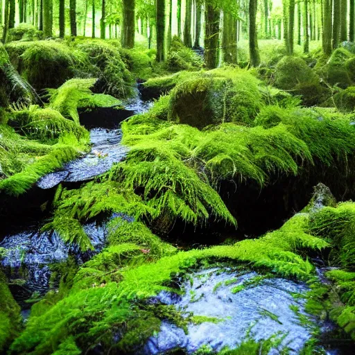 Image similar to 3 0 round pools of water in a forest, the wood between the worlds, narnia, lush green forest, moss and ferns, ferns,