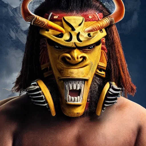 Prompt: big buff very strong very buff samurai wearing an oni mask, accurate detailed wellmade movie still