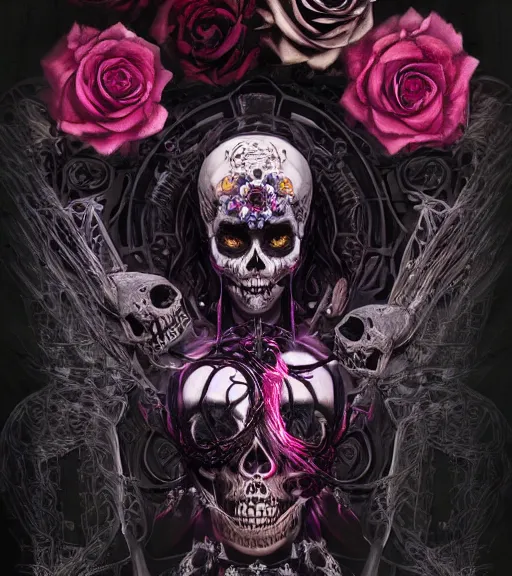 Image similar to a chaotic goddess of death skeleton as a heroine, intricate, elegant skull black rose s day of the dead atmospheric, dramatic, Trending on artstation. augmentations and cybernetic enhancements neon circuits, greg rutkowski , hyperrealist, cinema4D, 8k highly detailed