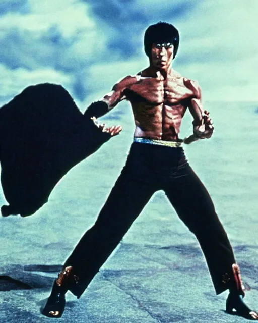 Image similar to bruce lee as kenshiro in live action fist of northstar movie, hyperreal, post apocalyptic, mutants, martial arts, cinematic