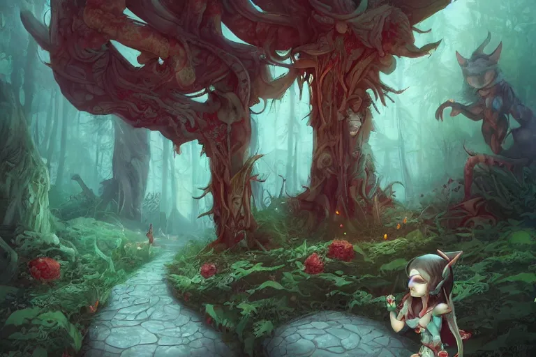 Image similar to forest, american mcgee's alice, sharp focus, artstation, trending, by julie dillon, luis melo, tyler miles lockett, lei jin, hong lei, ken wong, adam narozanski, joy ang