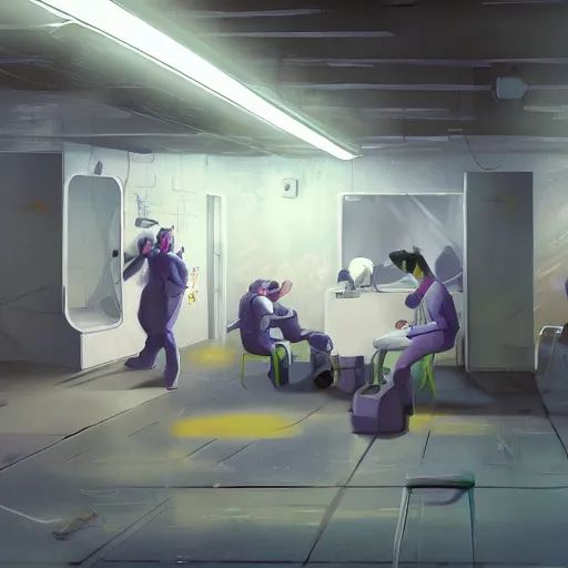 Image similar to break room underground, sterile, clean, digital art, trending on artstation, featured on Pixiv