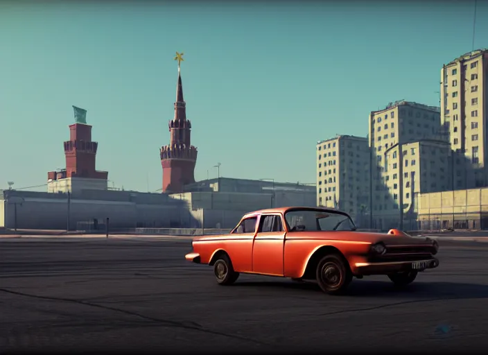 Image similar to hyperrealistic matte painting of gta moscow, 1 9 6 0, playstation 5 screenshot, mega details, golden hour, beautiful rtx reflections, soviet suburbs, photorealistic, unreal engine 5, octane render, volumetric light, featured on cg society, 4 k, 5 0 mm bokeh, kodachrome, russian lada car, artstation