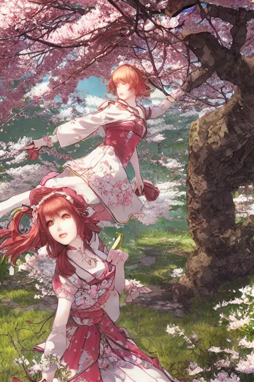 Image similar to the emerald herald under a cherry blossom tree, hidari, color page, tankoban, 4K, tone mapping, Akihiko Yoshida