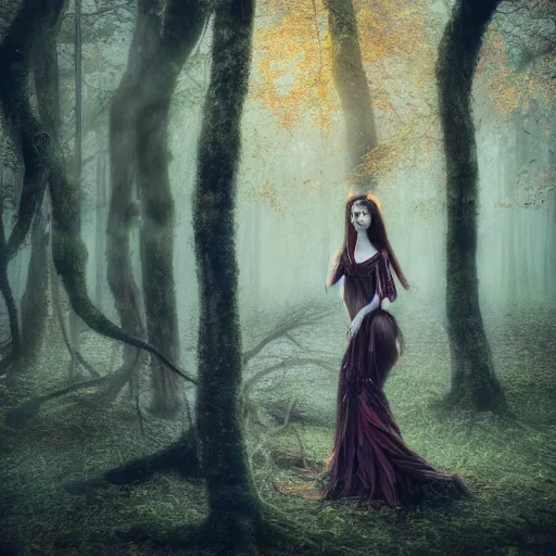 Image similar to portrait of a dryad in a forest of autumn maples by brian froud and jessica rossier dark mysterious, filtered evening light