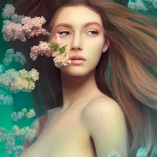 Image similar to high detail portrait of a beautiful woman with her hair down and surrounded by soft florals, vaporwave lighting, dewy skin, concept art, beautiful