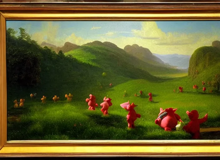 Image similar to american realist romanticism landscape painting of teletubbies in the style of hudson river school and thomas cole and albert bierstadt and robert duncanson