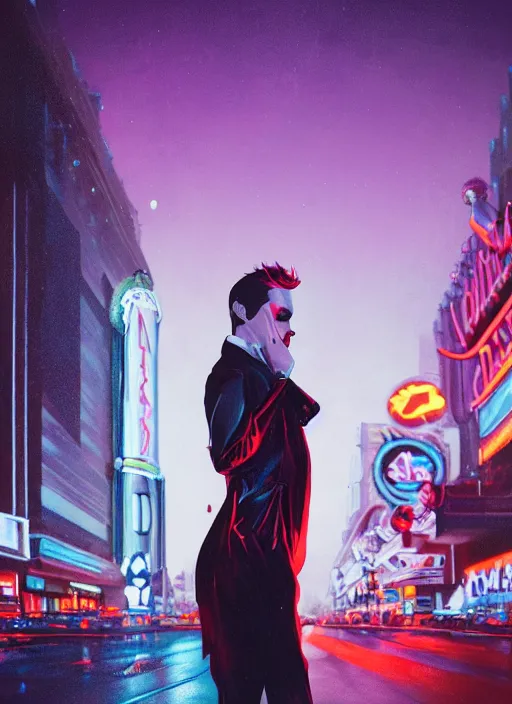 Prompt: 35mm kodak portra portrait of a darkwave vampire on the Las Vegas strip at night by tomer hanuka and tom bagshaw, hyper realism, high detail, octane render, 8k, trending on artstation, CGsociety, concept art