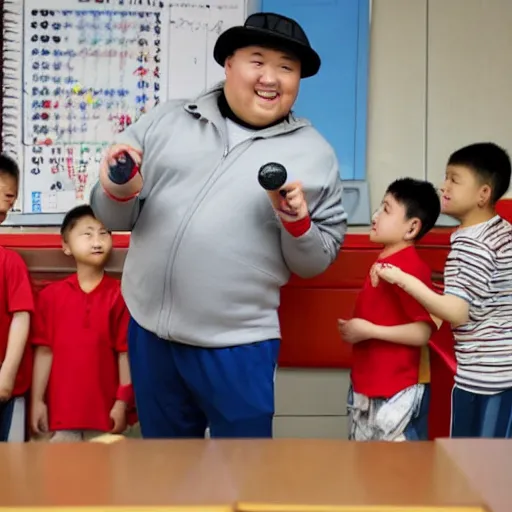 Image similar to fat kazakh guy in a red baseball cap teaching kids in school