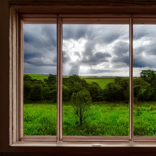 Image similar to a cinematic landscape view looking out a window into an open field with a small creek, wind blows the leaves, and the sun shines through the parted clouds