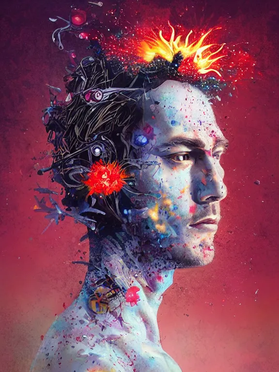 Prompt: art portrait of man with flower exploding out of head,by tristan eaton,Stanley Artgermm,Tom Bagshaw,Greg Rutkowski,Carne Griffiths,trending on DeviantArt,face enhance,chillwave,minimalist,cybernetic, android, blade runner,full of colour,