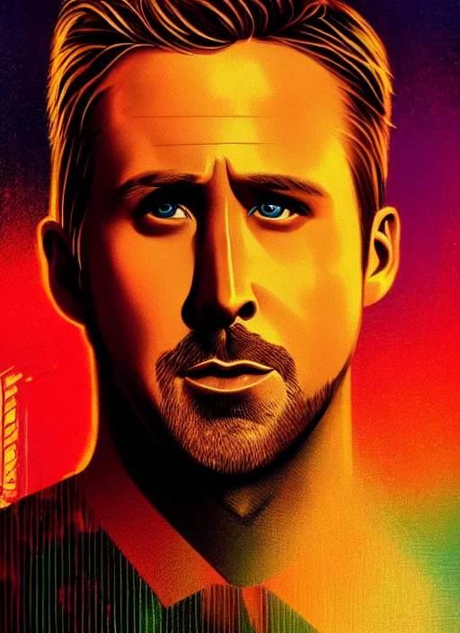 Prompt: ryan gosling in blade runner 2 0 4 9 portrait illustrated by rossdraws, vivid colors, soft lighting, bloom, digital artwork 4 k, best of artstation