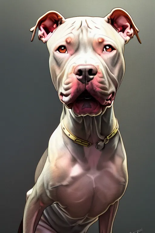 Image similar to clear portrait of a pitbull terrier, cottagecore!!, background hyper detailed, character concept, full body, dynamic pose, glowing lights!! intricate, elegant, highly detailed, digital painting, artstation, concept art, smooth, sharp focus, illustration, art by artgerm and greg rutkowski and alphonse mucha