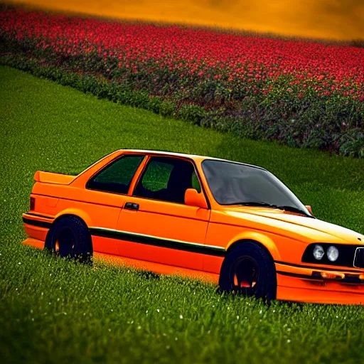 Prompt: blender render of orange bmw e 3 0 m 3 in a field of flowers, low angle shot