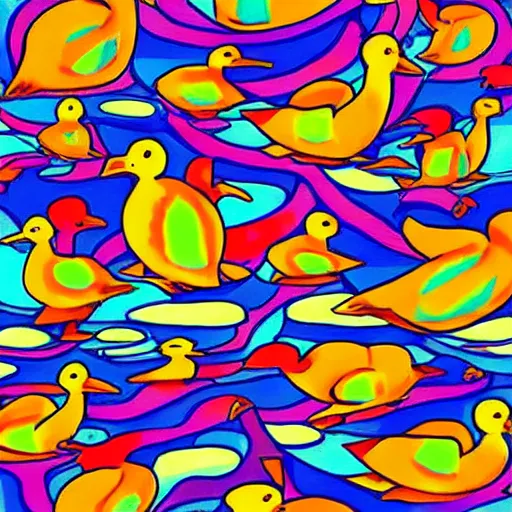 Image similar to psychedelic trippy dreamy featuring too many ducks, artwork in the style of Paprika