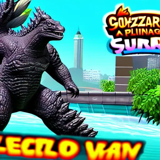 Image similar to an in-game screenshot of Godzilla as a playable skin in Subway Surfers, as coherent as Dall-E 2