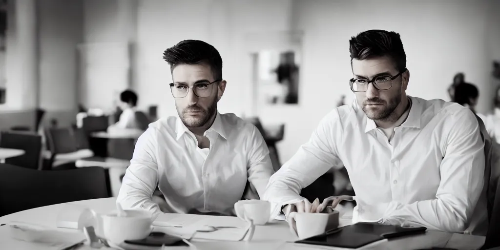 Prompt: realistic detailed face portrait system analyst work, very coherent symmetrical, high contrast, depth of field, insanely detailed, handsome, white, sitting at the table, thoughtful pose, left hand propping up the head, preppy style, smart casual, clean shaved