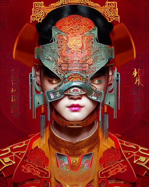 Image similar to portrait of a chinese cyberpunk machine, machine face, upper half portrait, decorated with chinese opera motifs, regal, asian, fine china, wuxia, traditional chinese art intricate intense elegant 京 剧 highly detailed digital painting artstation concept art smooth sharp focus illustration, art by artgerm and greg rutkowski alphonse mucha 8 k