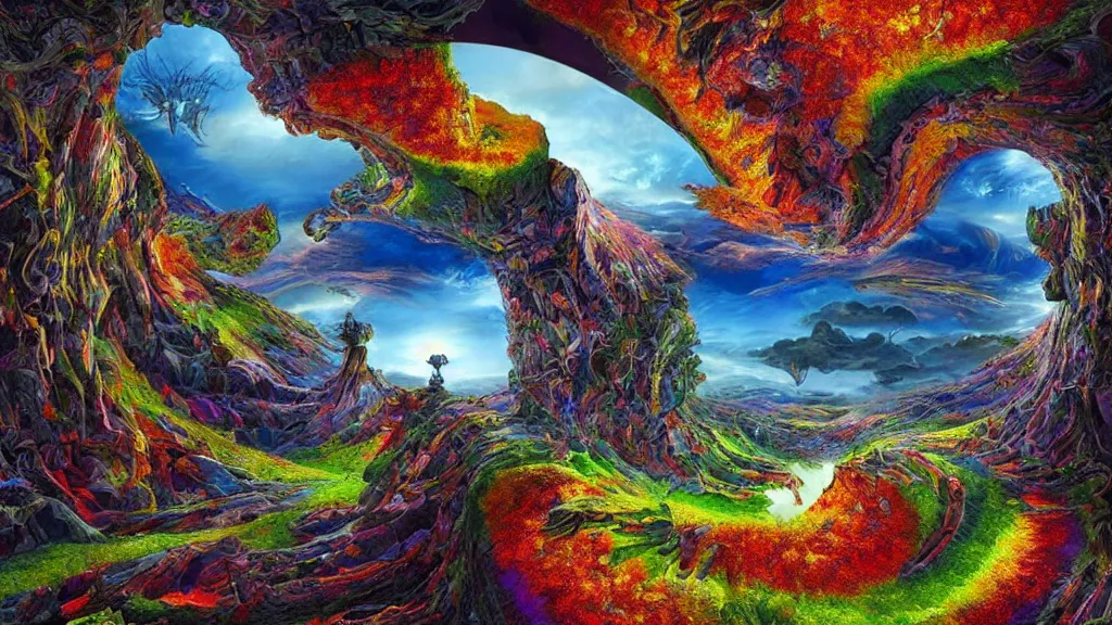 Image similar to fantasy landscape with fractals in the styles of igor morski, jim warren, and m. c. escher, intricate, colorful, hyperrealistic, volumetric lighting
