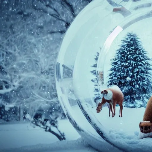 Prompt: a zoo inside a snow globe, octane render, unreal engine 5, animals, trees, white background, realistic, photo realism