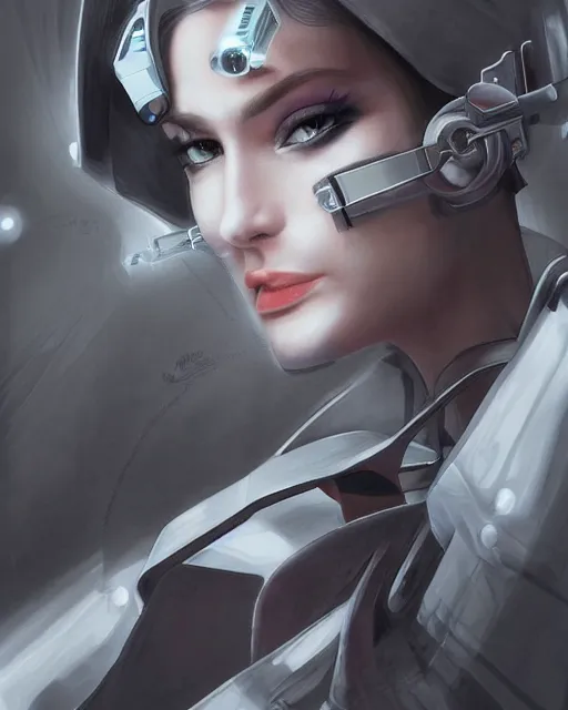 Image similar to photorealistic portrait of a beautiful half cyborg woman with a mischievous look, the half cyborg woman is wearing a long trench coat, in an underground parking garage, in the style of Artgerm and NeoArtCorE, dark mood