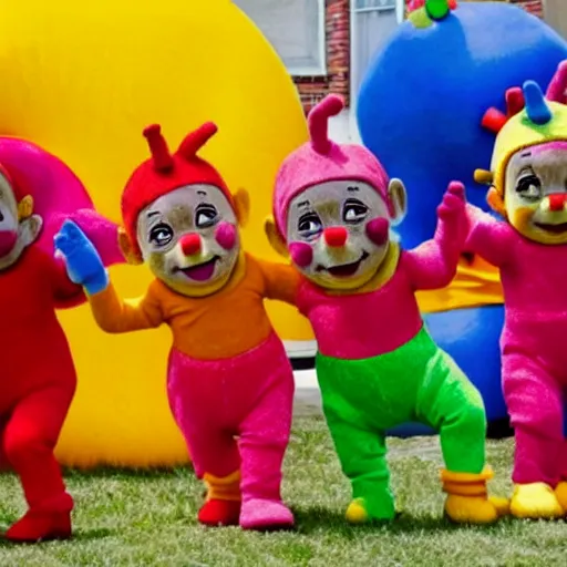 Image similar to teletubbies dressed as clowns