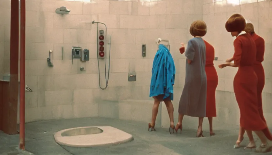 Prompt: 60s movie still of public shower, cinestill 800t 50mm eastmancolor, liminal Space style, heavy grain-s 150